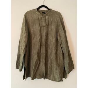 Eileen Fisher Metallic Green Silk Linen Button Down Long Jacket Women's size XL